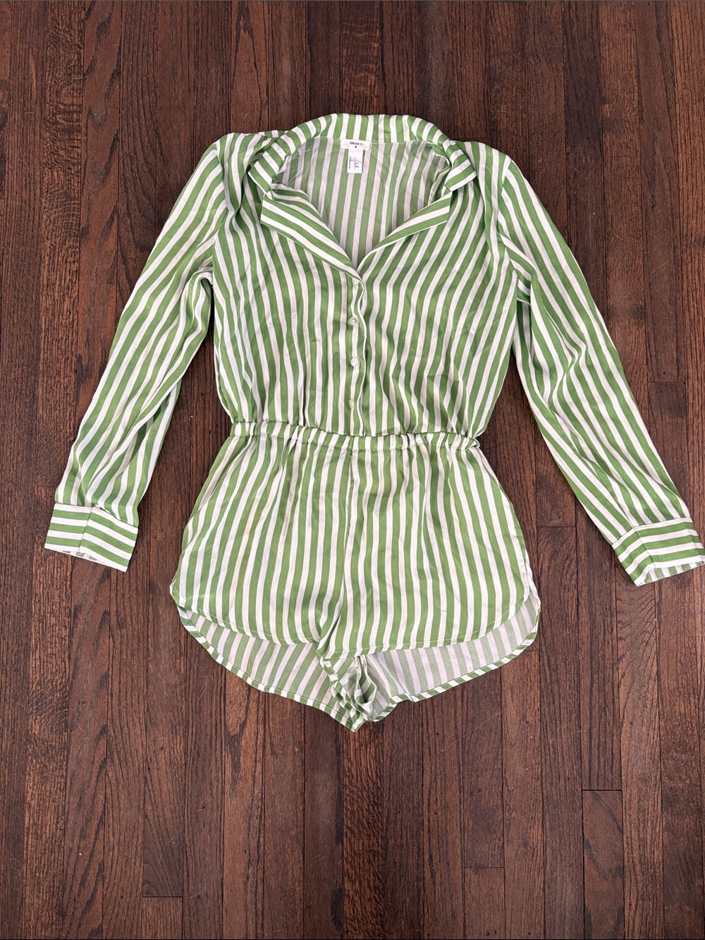 Forever 21 Green and White Striped Girls' Long Sleeve Romper